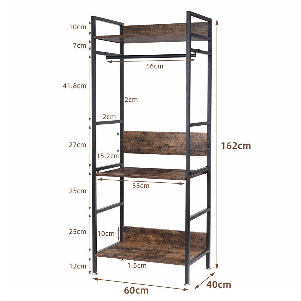 Three tier clothes rack with hanging rail and adjustable shelves