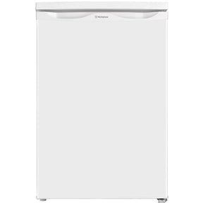 White 120 L bar fridge with door closed, compact upright cabinet