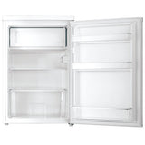 Bar fridge with door open showing LED lit shelves and storage space