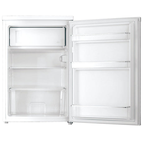Bar fridge with door open showing LED lit shelves and storage space