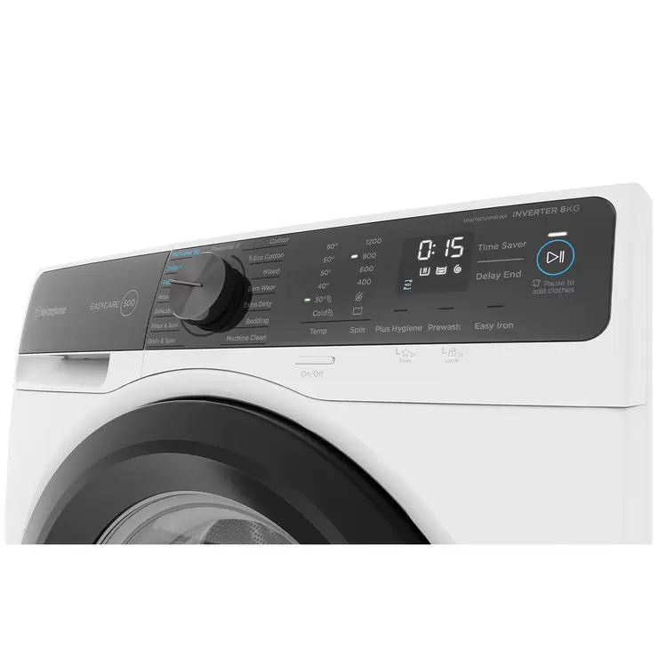 Washing machine door open showing the 8 kg stainless drum