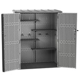 Vertical outdoor storage shed in wood grain resin, front view