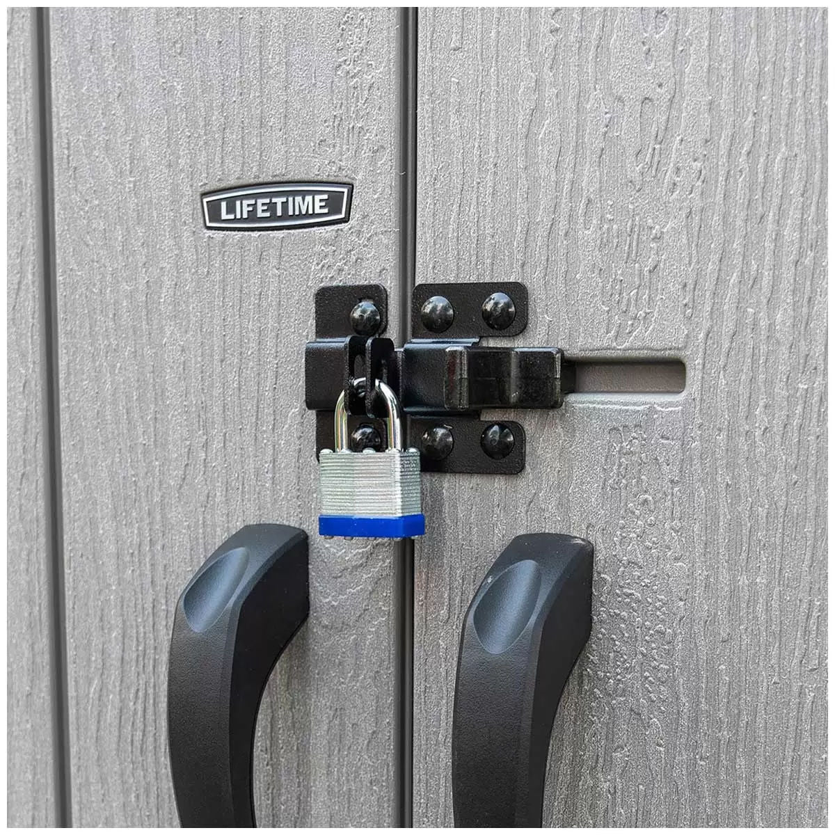 Wood grain vertical shed lockable door latch detail