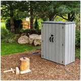 Wood grain vertical storage shed in backyard setting