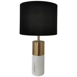 Marble base table lamp with white linen shade in black and brass - view 1
