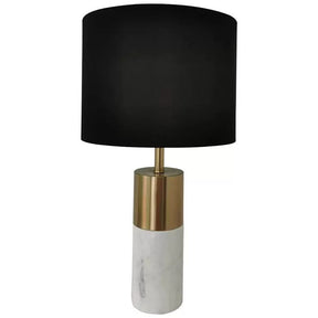 Marble base table lamp with white linen shade in black and brass - view 1