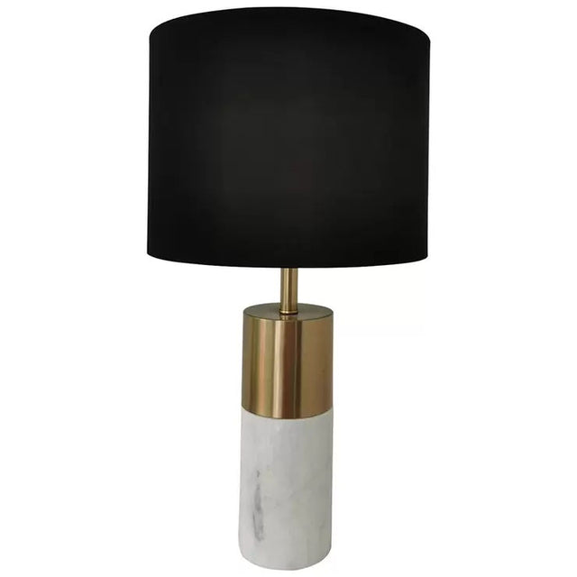Marble base table lamp with white linen shade in black and brass - view 1