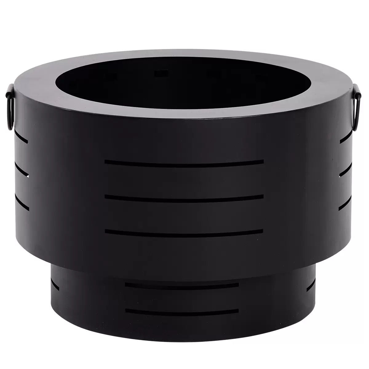 Howard Springs black steel low smoke fire pit burning wood in a backyard