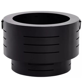 Howard Springs black steel low smoke fire pit burning wood in a backyard