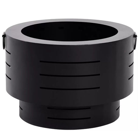Howard Springs black steel low smoke fire pit burning wood in a backyard