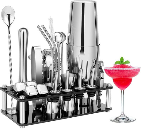Sandringham 23 piece stainless steel cocktail shaker set on an acrylic stand
