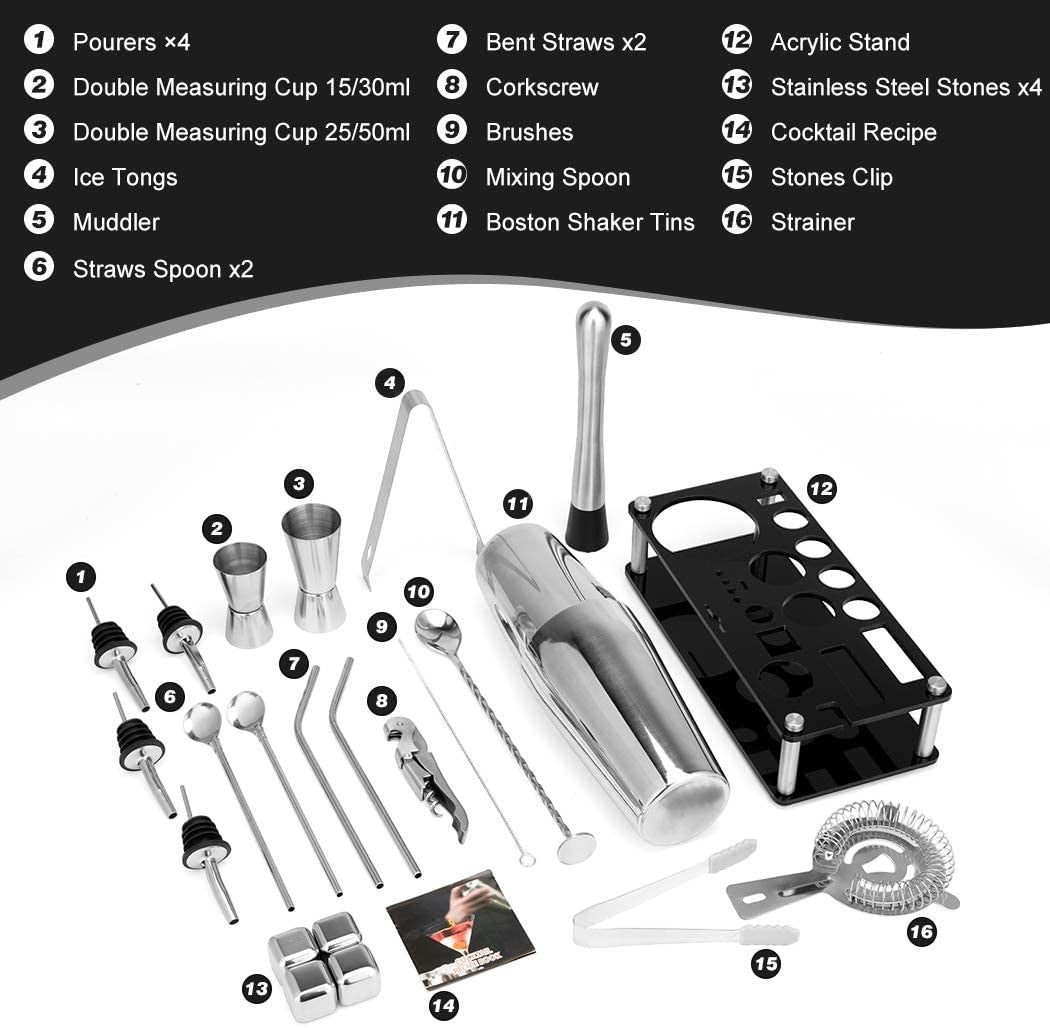 Sandringham 23 piece stainless steel cocktail shaker set on an acrylic stand
