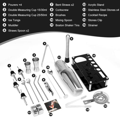Sandringham 23 piece stainless steel cocktail shaker set on an acrylic stand