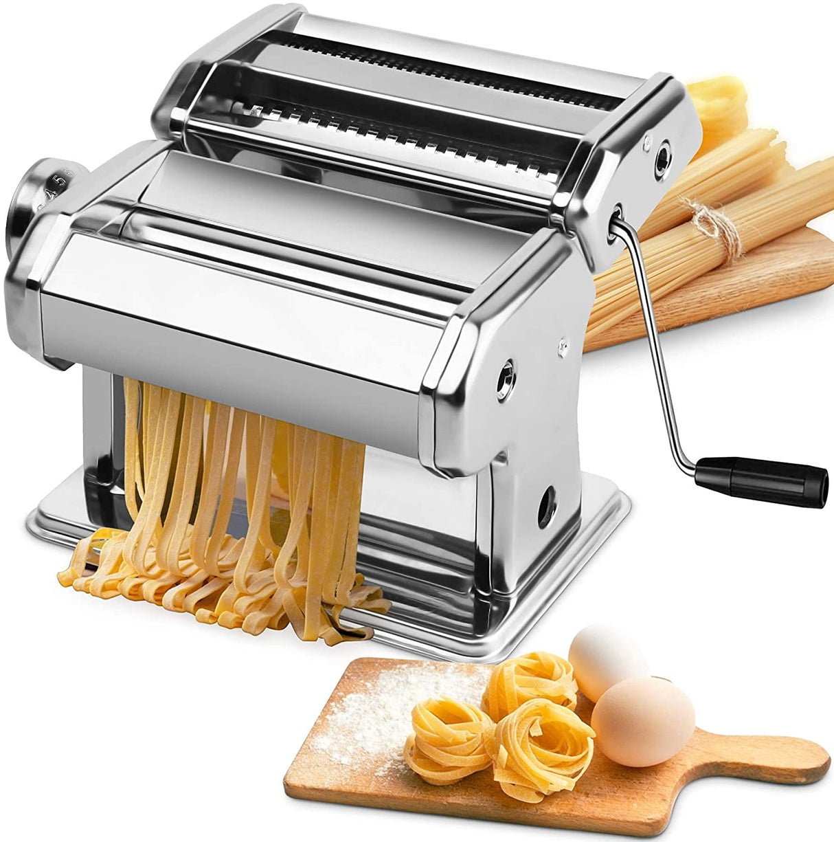 Manual steel pasta maker with hand crank and table clamp