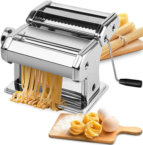 Manual steel pasta maker with hand crank and table clamp