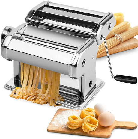 Manual steel pasta maker with hand crank and table clamp
