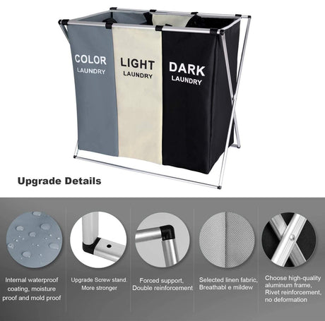 Three section 135L laundry hamper with aluminium frame