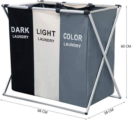 Three section 135L laundry hamper with aluminium frame