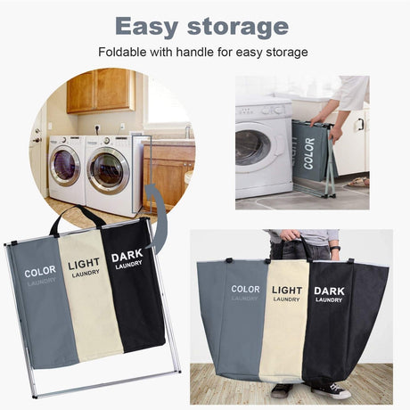 Three section 135L laundry hamper with aluminium frame