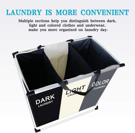 Three section 135L laundry hamper with aluminium frame