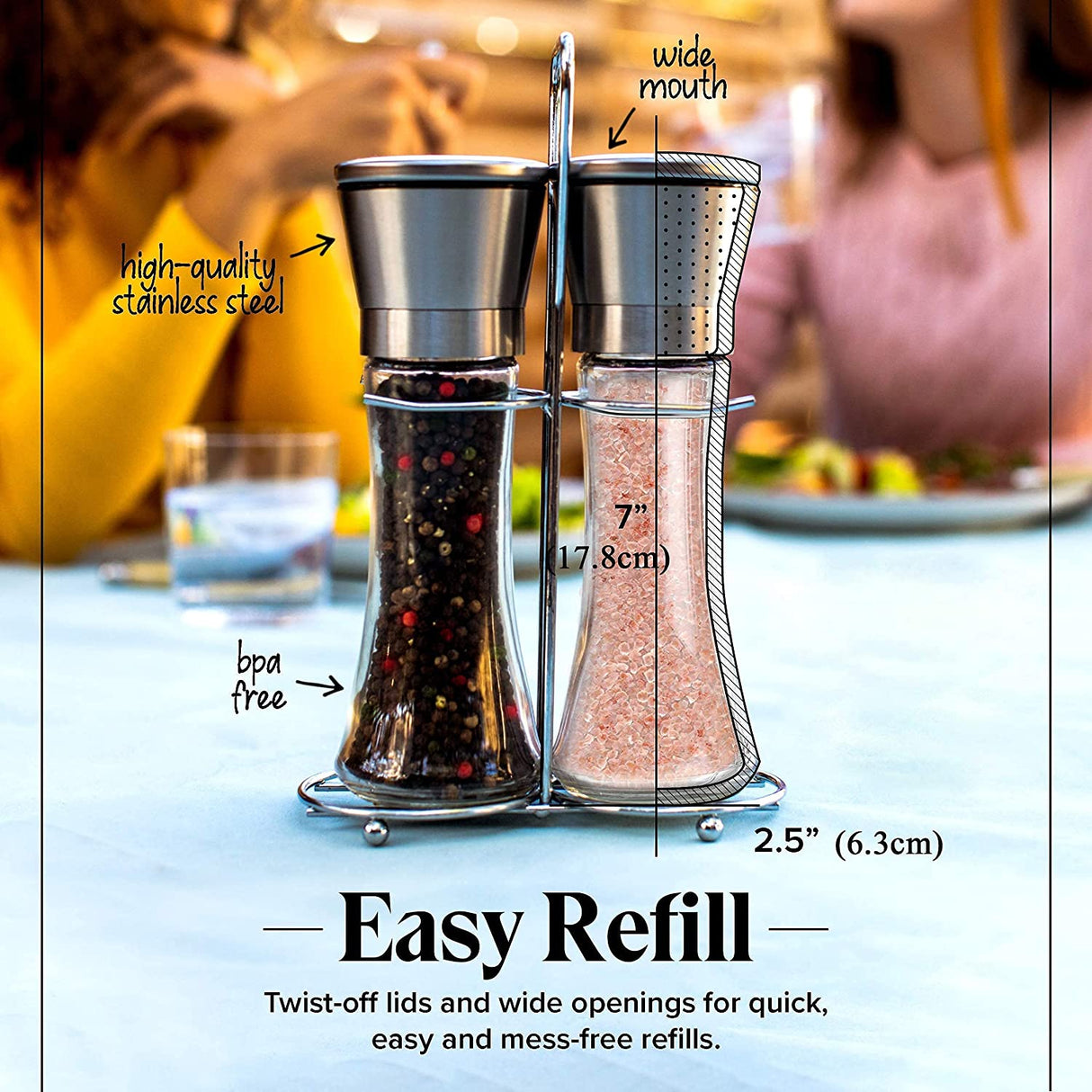 Favignana Salt and Pepper Grinder Set, Stainless Steel and Glass, Manual, Ceramic Core, 2pcs