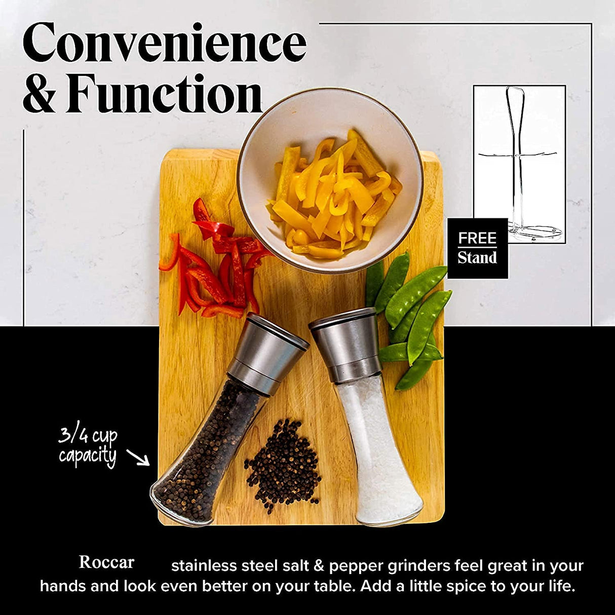 Favignana Salt and Pepper Grinder Set, Stainless Steel and Glass, Manual, Ceramic Core, 2pcs