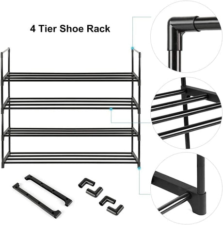 4-Tier Black Stainless Steel Shoe Rack — Up to 15 Pairs, 55cm — Allure Home Collections