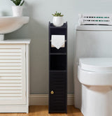 Slim black freestanding toilet roll holder stand with roller and two shelves