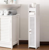 Slim white freestanding toilet roll holder stand with an open shelf