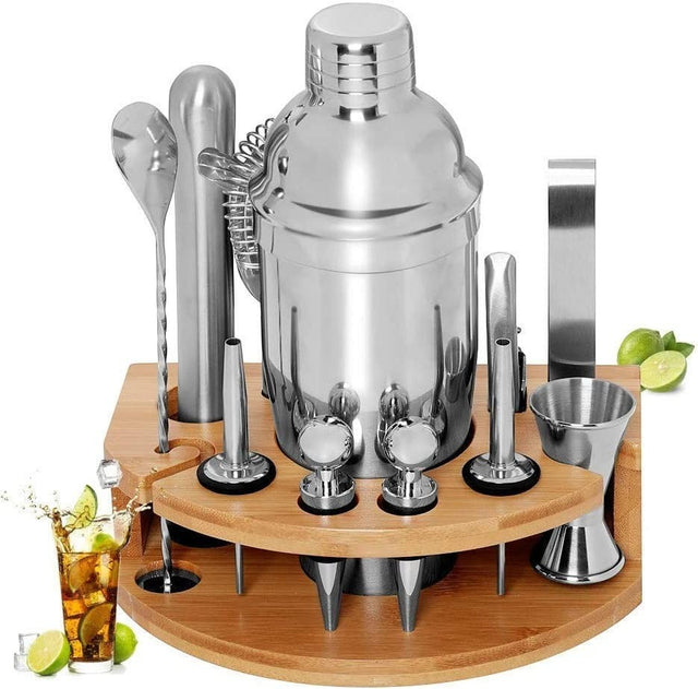 Frankston South 12 piece stainless steel cocktail shaker set on a bamboo stand