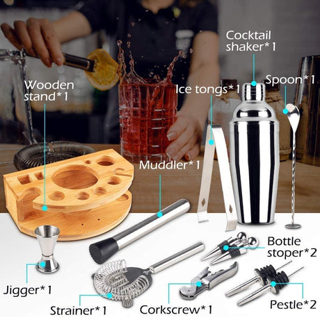 Frankston South 12 piece stainless steel cocktail shaker set on a bamboo stand