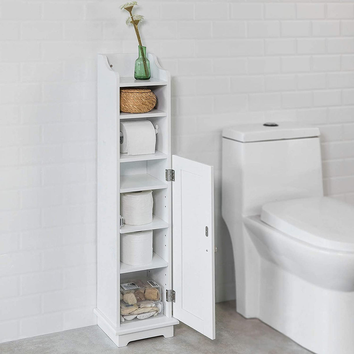 Freestanding MDF toilet paper cabinet with brush holder and storage shelves