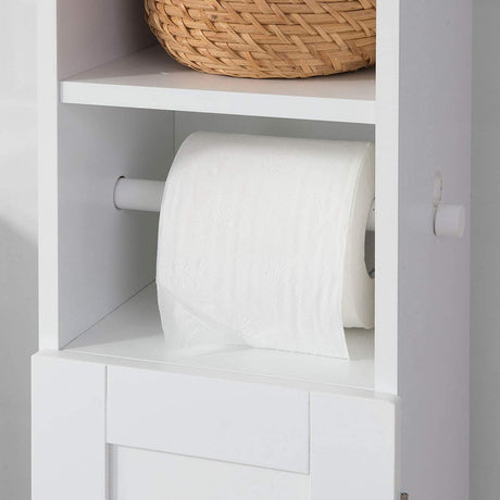 Freestanding MDF toilet paper cabinet with brush holder and storage shelves