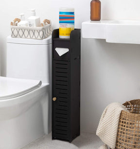Slim black freestanding toilet roll holder stand with an open shelf