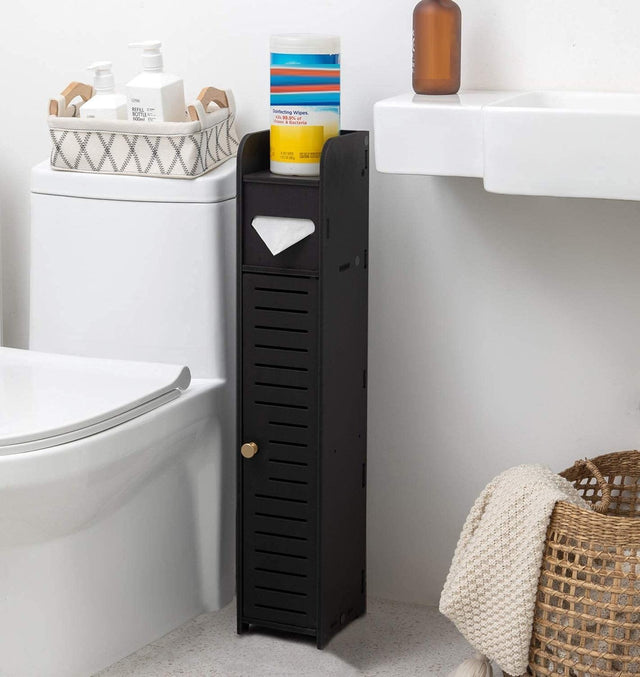 Slim black freestanding toilet roll holder stand with an open shelf