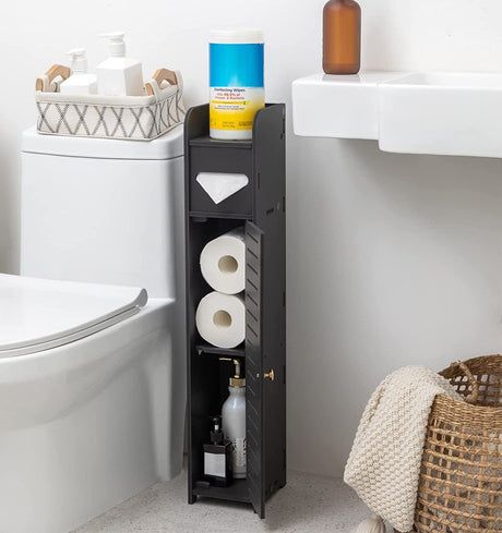 Black toilet roll stand shown at 15 by 17 by 80 cm