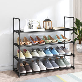 Hollis black steel four tier shoe rack holding 20 pairs at 80cm wide in an entryway