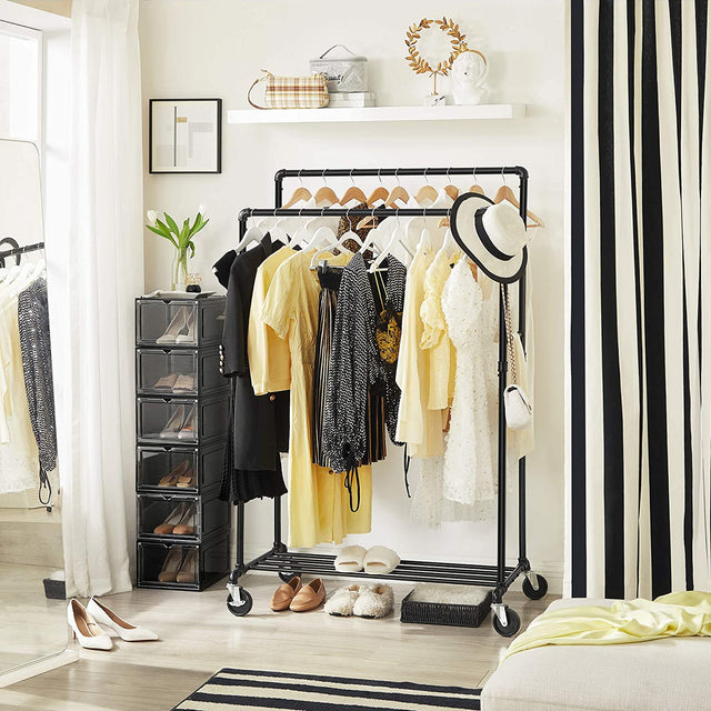 Industrial pipe clothes rack on wheels with double rail