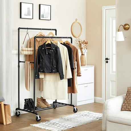 Industrial pipe clothes rack on wheels with double rail