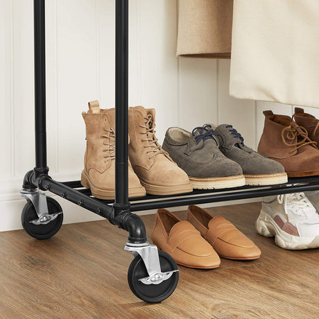 Industrial pipe clothes rack on wheels with double rail