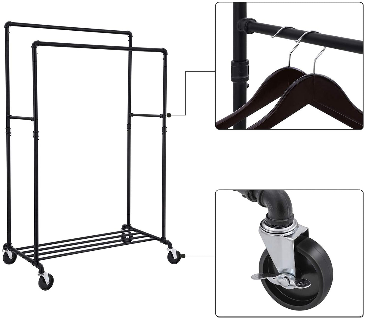 Industrial pipe clothes rack on wheels with double rail