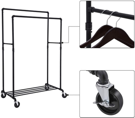 Industrial pipe clothes rack on wheels with double rail