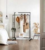 Industrial pipe clothes rack on wheels with double rail