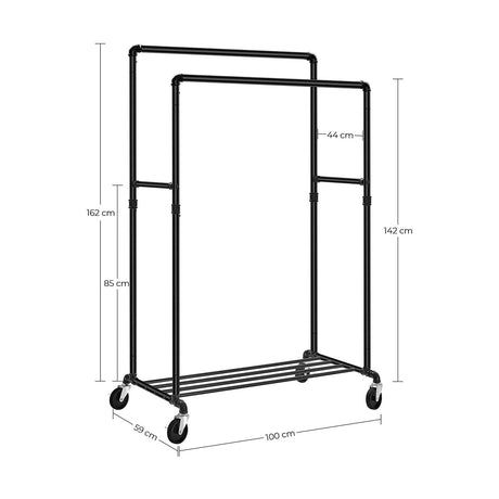 Industrial pipe clothes rack on wheels with double rail
