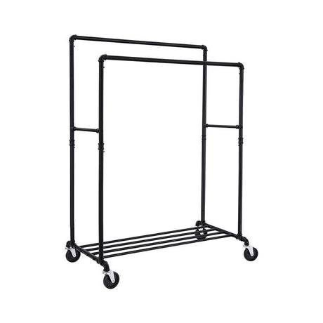 Industrial pipe clothes rack on wheels with double rail