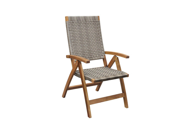 Natural wicker outdoor position chair with acacia wood frame and angled backrest