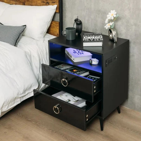 Goonengerry LED Bedside Table with USB and Power Socket, Black