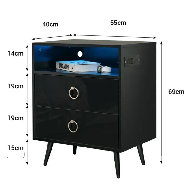 Goonengerry LED Bedside Table with USB and Power Socket, Black