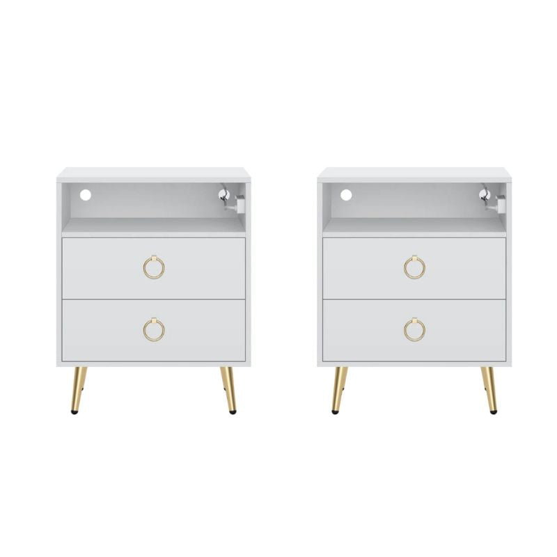Amelia Modern LED Bedside Table with USB and Power Socket in White — Set of 2 — Allure Home Collections