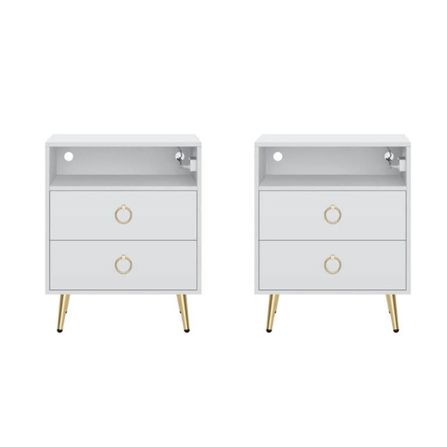 Amelia Modern LED Bedside Table with USB and Power Socket in White — Set of 2 — Allure Home Collections